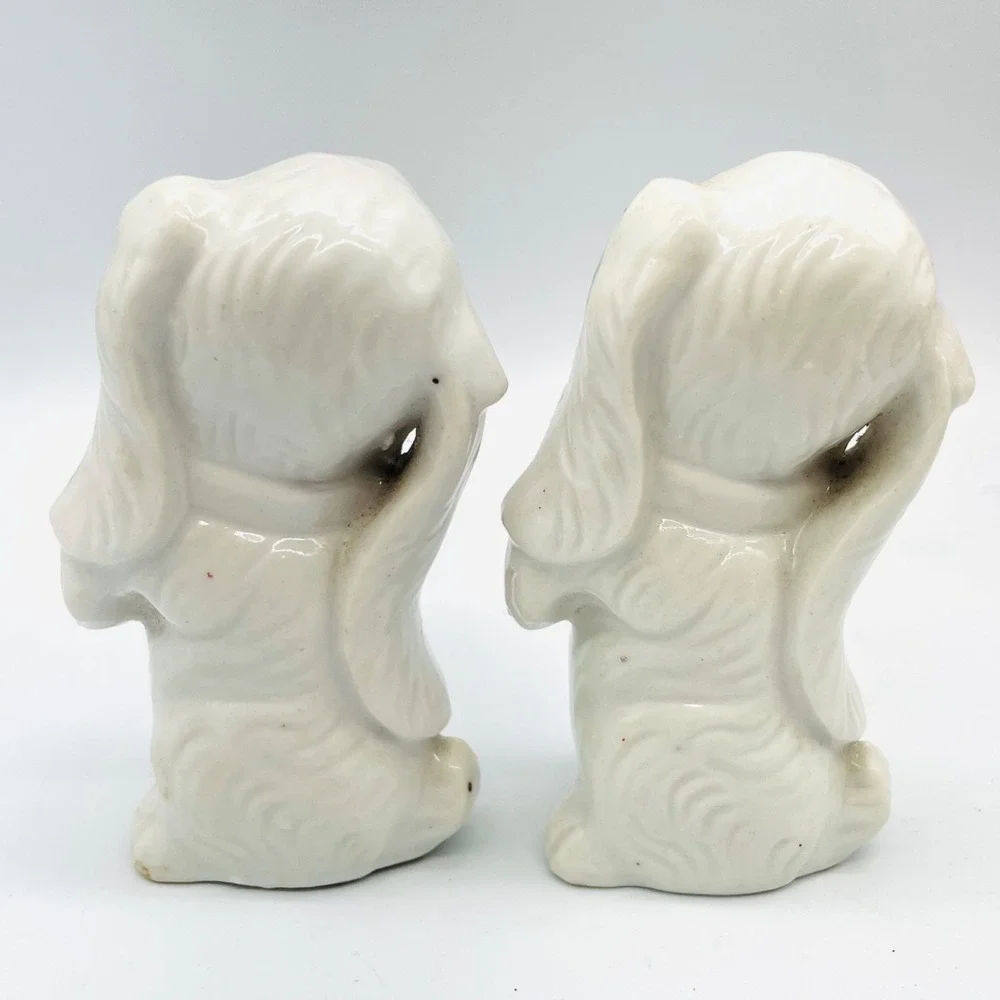 Vintage Japan Puppy Dog‎ Figurine Set Gold Gilt Red Bow Tie 3.5
